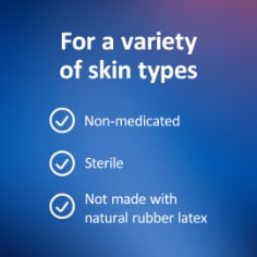 Benefits of the Nexcare™ Acne Patch. Shows three benefits with check marks of the patch