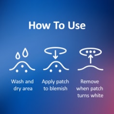 How to use the Nexcare™ Acne Patch. Three step graphic showing how to apply the patch, wash and dry area, apply patch and remove when patch turns white