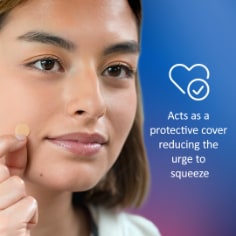 A women wearing Nexcare™ Acne Patch with heart icon text acts as a protective cover