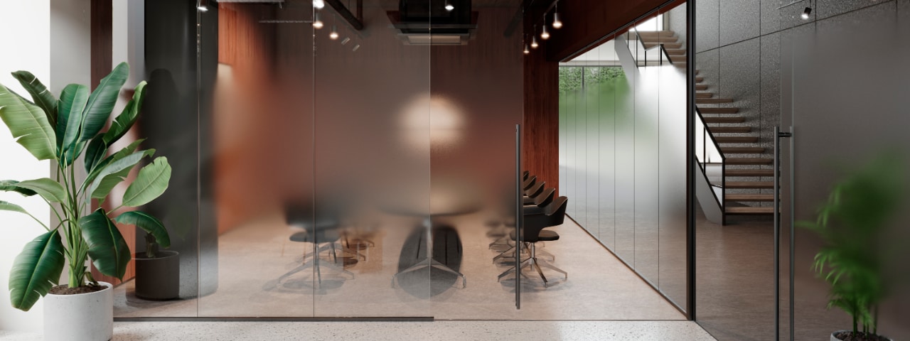 Photo of a commercial office space with 3M Fasara film applied to glass walls