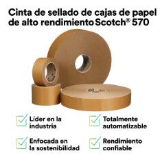 Cinta de sellado de cajas de papel Scotch® Performance 570 líder en la industria con enfoque sustentable rendimiento confiable y totalmente automatizable