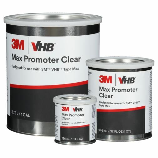 A group of 3M VHB Tape Max Adhesion Promoter in varying container sizes