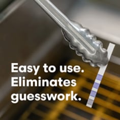 3M Oil Quality Monitoring Strip held by cooking tongs over a fryer, text reads: Easy to use. Eliminates guesswork.