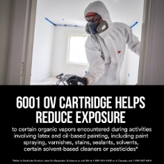3M™ Organic Vapor Cartidge 6001 OV, helps reduce the exposure to certain particles from paint spraying, spray adhesives and persticides. Enhanced image for ecommerce.
