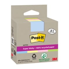 Post-it® Super Sticky 100% Recycled Notes, 4 Colours, 76 mm x 76 mm, 70 Sheets/Pad, 3 + 1 FREE Pad