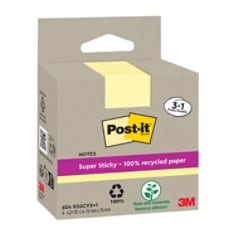 Post-it® Super Sticky 100% Recycled Notes, Yellow, 76 mm x 76 mm, 70 Sheets/Pad, 3 + 1 FREE Pad