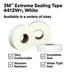 This is an infographic of 3M™ Extreme Sealing Tape 4412W+, Image 1. 3M™ Extreme Sealing Tape 4412W+, White: Available in variety of sizes. Very Conformable. Abrasion Resistance. Immediate Seal. Water Tight Seal.