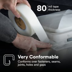This is an infographic of 3M™ Extreme Sealing Tape 4412W+, Image 2. Very Comfortable: Conforms over fasteners, seams, joints, holes and gaps. 80 mil tape thickness.