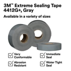 This is an infographic of 3M™ Extreme Sealing Tape 4412G+, Image 1. 3M™ Extreme Sealing Tape 4412G+, Gray: Available in variety of sizes. Very Conformable. Abrasion Resistance. Immediate Seal. Water Tight Seal.