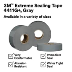 This is an infographic of 3M™ Extreme Sealing Tape 4411G+, Image 1. 3M™ Extreme Sealing Tape 4411G+, Gray: Available in variety of sizes. Very Conformable. Abrasion Resistance. Immediate Seal. Water Tight Seal.