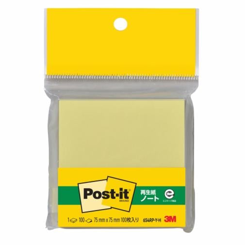 ポスト・イット® ノート 再生紙 654RP-Y-H, イエロー, 75 mm x 75 mm 【IARVEL】Post-It（黄）