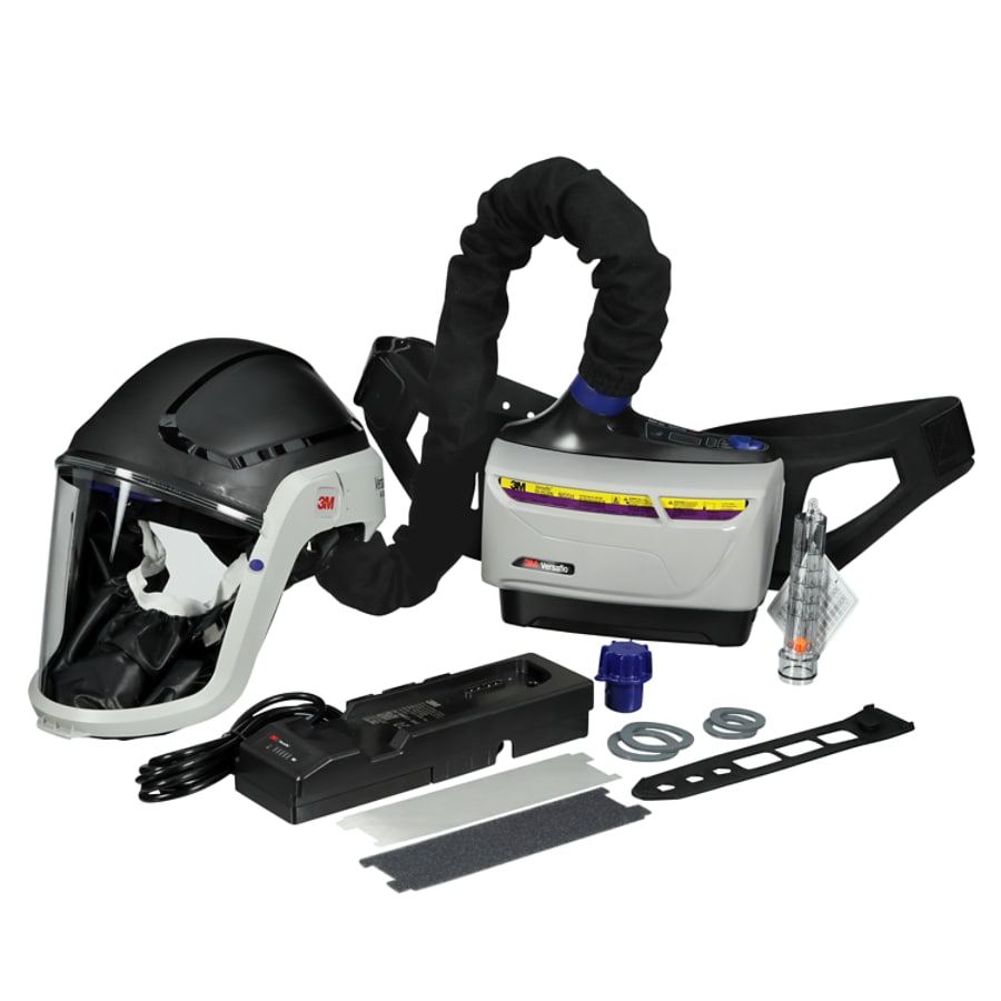 3M powered air purifying respirator system with full face shield, blower unit, battery charger, and accessories