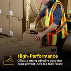 This is an infographic of Scotch® High Tack Box Sealing Tape 371+, Image 4. HIGH-PERFORMANCE: Offers a strong adhesive bond that helps prevent theft and tape failure