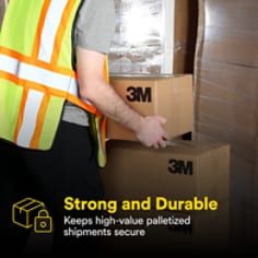 This is an infographic of Scotch® High Tack Box Sealing Tape 371+, Image 5. STRONG AND DURABLE: Keeps high-value palletized shipments secure