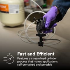 This is an infographic of 3M™ Fastbond™ Cylinder Spray Foam Adhesive 1100NF, Image 3. Fast and Efficient: Features a streamlined cylinder process that makes applications self-contained and portable.