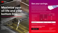 A one page PDF with an embedded ROI cost savings calculator embedded into the PDF. The headline reads Maximize your oil and your bottom line. Save money by preventing premature oil disposal. See your savings. With an image of a tong holding an oil quality test strip above a fryer.