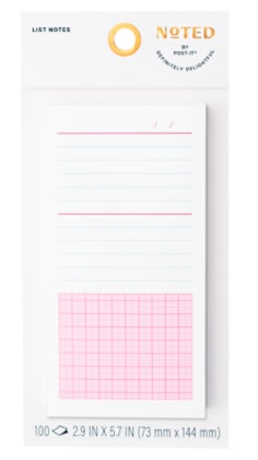 Product image of a white list and grid note with blue lines on top and hot pink grid section on the bottom