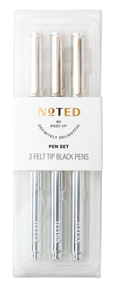 Product image of a set of 3 silver metallic barrel, black ink felt tip pens