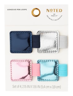 Product image of four navy blue, silver, pink and aqua metallic, adhesive pen holders
