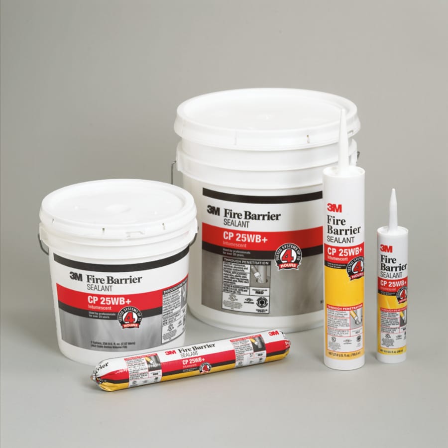 Two white plastic buckets and three caulking tubes of red 3M Fire Barrier Sealant CP 25WB+