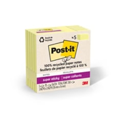 Post-it® Super Sticky Recycled Notes 654R-5SSCY, 3 in x 3 in (76 mm x 76 mm)