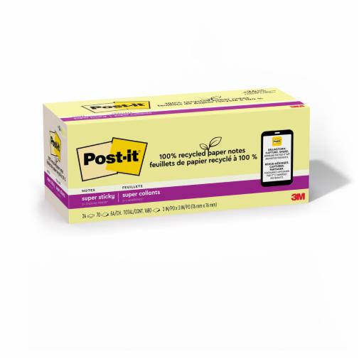 Post-it® Super Sticky Recycled Notes 654R-24SSCY-CP, 3 in x 3 in (76 mm x 76 mm)