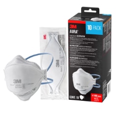 Aura Particulate Respirator Main Image 9205 10 pack. Front left-side, in-pack-out-of-pack.