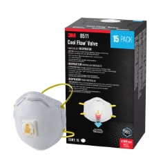 Cool Flow Valve Particulate Respirator Main Image 8511 15 pack. Front, left side, oop, in-package.