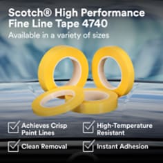 This is an infographic of Scotch® High Performance Fine Line Tape 4740, Image 1. Scotch® High Performance Fine Line Tape 4740. Available in a variety of sizes. Achieves Crisp Paint Lines. Clean Removal. High-Temrature Resistant. Instant Adhesion.