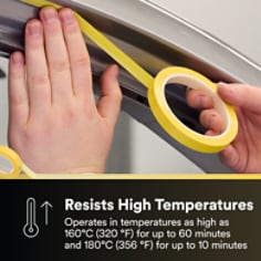 This is an infographic of Scotch® High Performance Fine Line Tape 4740, Image 3. Resists High-Temperature: Operates in temperatures as high as 160°C (320 °F) for up to 60 minutes and 180°C (356 °F) for up to 10 minutes.