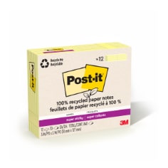 Post-it® 100% Recycled Paper Super Sticky Notes, 3 in x 5 in, Canary, 12 Pads/Pack, 70 Sheets/Pad 