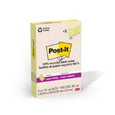 Post-it® 100% Recycled Super Sticky Notes, 4x6, Canary Yellow