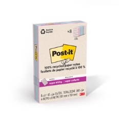 Post-it® 100% Recycled Super Sticky Notes, 4x6, Wanderlust Pastel