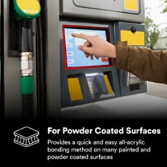 This is an infographic of 3M™ VHB™ Tape 5952, Image 2. FOR POWDER COATED SURFACES: Provides a quick and easy all-acrylic bonding method on many painted and powder coated surfaces with immediate handling strength—no curing time needed