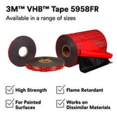 This is an infographic of 3M™ VHB™ Flame Retardant Tape 5958FR, Image 1. 3M™ VHB™ Tape 5958FR. Available in a range of sizes. High Strength. For Painted Surfaces. Indoor/Outdoor Use. Works on Dissimilar Materials.
