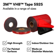 This is an infographic of 3M™ VHB™ Tape 5925, Image 1. 3M™ VHB™ Tape 5925. Available in a range of sizes. High Strength. For Painted Surfaces. Indoor/Outdoor Use. Works on Dissimilar Materials.