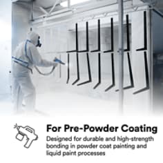 This is an infographic of 3M™ VHB™ Tape GPH-060GF, Image 3. PRE-POWDER COATING APPLICATIONS: Designed for durable and high-strength bonding in powder coat painting and liquid paint processes that involve a paint bake cycle.