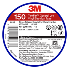 3M™ Temflex™ General Use Vinyl Electrical Tape 150, Blue, Without Base