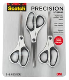 Scotch Precision Scissors. Includes three 8 inch scissors with white and grey handles. Ideal for use with fabrics, heavyweight paper and photos. Soft comfort grip handle designed for left or right-handed use. Limited lifetime warranty.
