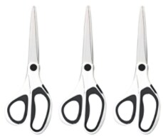 Scotch  Precision Scissors.   Includes three 8 inch scissors with white and grey handles. Ideal for use with fabrics, heavyweight paper and photos. Soft comfort grip handle designed for left or right-handed use. Limited lifetime warranty.  