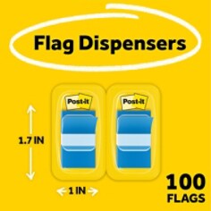 Post-it® Flags, Blue, 1 in. Wide, 50/Dispenser, 2 Dispensers/Pack