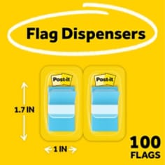 Post-it® Flags, Bright Blue, 1 in. Wide, 50/Dispenser, 2 Dispensers/Pack