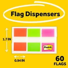 Post-it® Flags 680-OLP, .94 in. x 1.7 in. (23,8 mm x 43,2 mm), 60 Flags/On-the-Go Dispenser