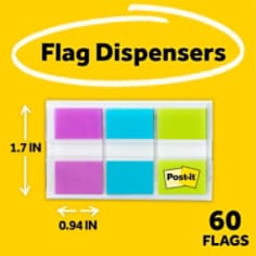 Post-it® Flags 680-PBG, .94 in. x 1.7 in. (23.8 mm x 43.2 mm) Purple, Blue, Green, 24 pk/cs