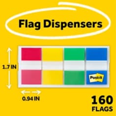 Post-it® Flags 680-RYGB2, .94 in. x 1.7 in. (23.8 mm x 43.2 mm) Red, Yellow, Blue, Green 24 pk/cs