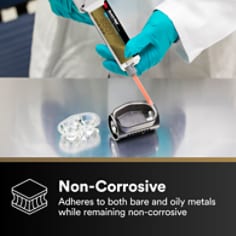 This is an infographic of 3M™ Scotch-Weld™ Acrylic Adhesive 8507NS, Image 3. NON-CORROSIVE: Adheres to both bare and oily metals while remaining non-corrosive.