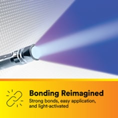 This is an infographic of 3M™ UV Activated Film 81010, Image 2. BONDING REIMAGINED: Strong bonds, easy application, and light-activated