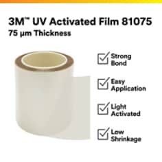 This is an infographic of 3M™ UV Activated Film 81075, Image 1. 3M™ UV Activated Film 81075 75 μm. Strong Bond. Easy Application. Light Activated. Low Shrinkage.