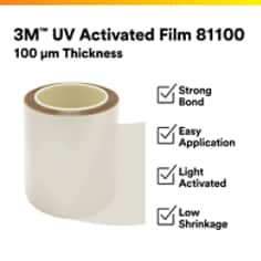 This is an infographic of 3M™ UV Activated Film 81100, Image 1. 3M™ UV Activated Film 81110 100 μm. Strong Bond. Easy Application. Light Activated. Low Shrinkage.