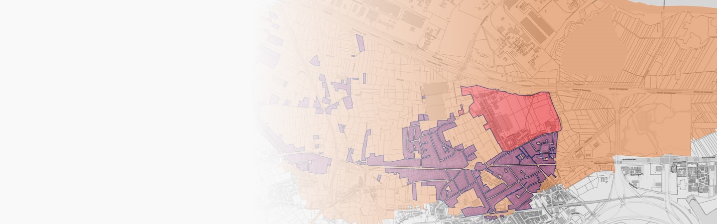 Een kaart van Zwijndrecht en omgeving met daarop de saneringsgebieden Zone 1A en het overige woongebied